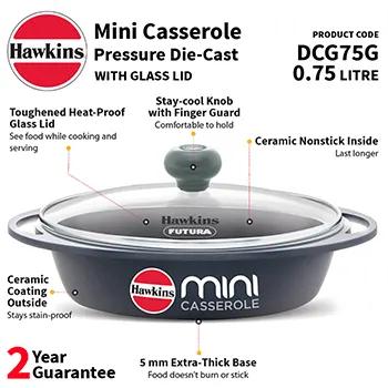 Die Cast Grey Oval Mini Casserole 0.75 Litre with Glass Lid (DCG75G) - Image 2