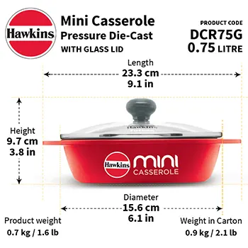 Die Cast Red Oval Mini Casserole 0.75 Litre with Glass Lid (DCR75G) - Image 2