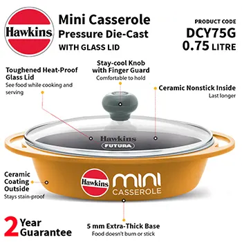 Die Cast Yellow Oval Mini Casserole 0.75 Litre with Glass Lid (DCY75G) - Image 2