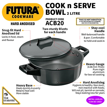 Hard Anodised Cook-n-Serve Bowl 2 Litre with Hard Anodised Lid (ACB20) - Image 2