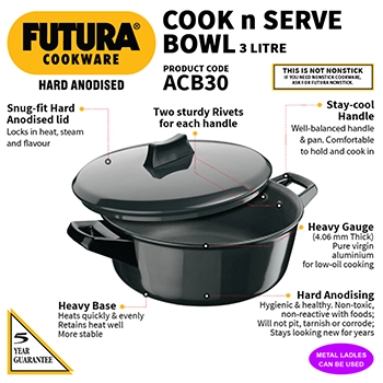 Hard Anodised Cook-n-Serve Bowl 3 Litre with Hard Anodised Lid (ACB30) - Image 2