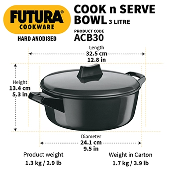 Hard Anodised Cook-n-Serve Bowl 3 Litre with Hard Anodised Lid (ACB30) - Image 3