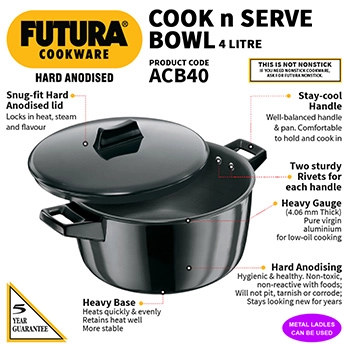 Hard Anodised Cook-n-Serve Bowl 4 Litre with Hard Anodised Lid (ACB40) - Image 2