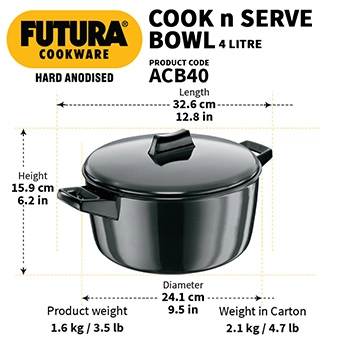 Hard Anodised Cook-n-Serve Bowl 4 Litre with Hard Anodised Lid (ACB40) - Image 3