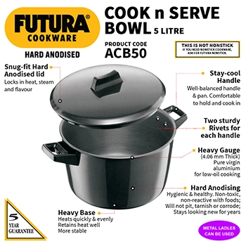 Hard Anodised Cook-n-Serve Bowl 5 Litre with Hard Anodised Lid (ACB50) - Image 2