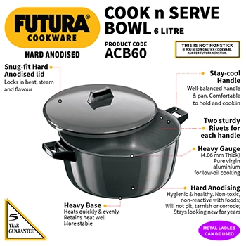 Hard Anodised Cook-n-Serve Bowl 6 Litre with Hard Anodised Lid (ACB60) - Image 2