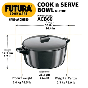 Hard Anodised Cook-n-Serve Bowl 6 Litre with Hard Anodised Lid (ACB60) - Image 3