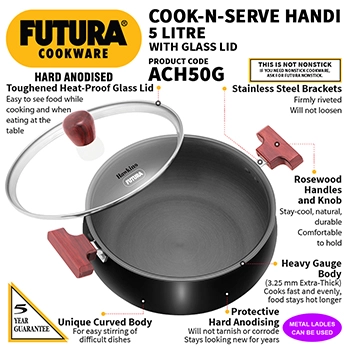 Hard Anodised Cook-n-Serve Handi 5 Litre with Glass Lid (ACH50G) - Image 2