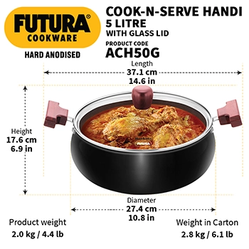 Hard Anodised Cook-n-Serve Handi 5 Litre with Glass Lid (ACH50G) - Image 3