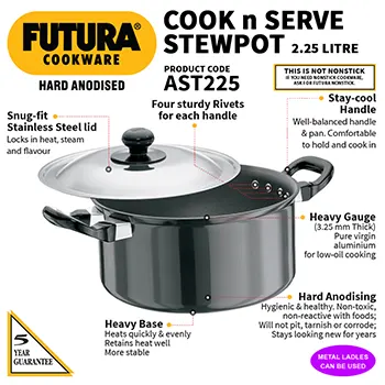 Hard Anodised Cook-n-Serve Stewpot 2.25 Litre with Stainless Steel Lid (3.25 mm Thick) (AST225) - Image 2