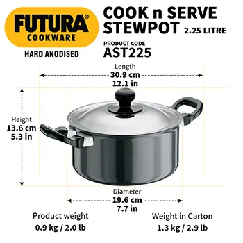 Hard Anodised Cook-n-Serve Stewpot 2.25 Litre with Stainless Steel Lid (3.25 mm Thick) (AST225) - Image 3