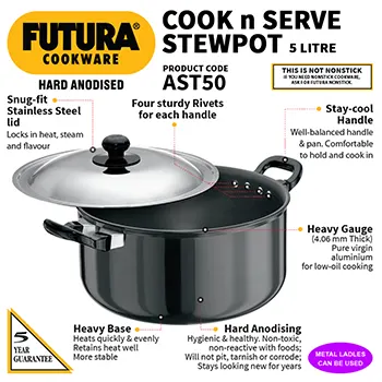 Hard Anodised Cook-n-Serve Stewpot 5 Litre with Stainless Steel Lid (4.06 mm Thick) (AST50) - Image 2