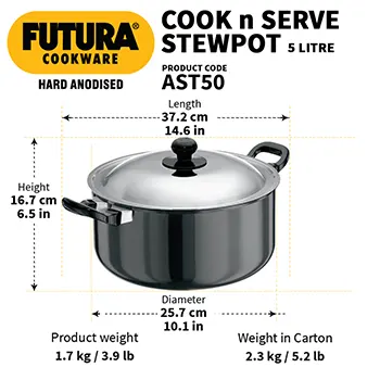 Hard Anodised Cook-n-Serve Stewpot 5 Litre with Stainless Steel Lid (4.06 mm Thick) (AST50) - Image 3