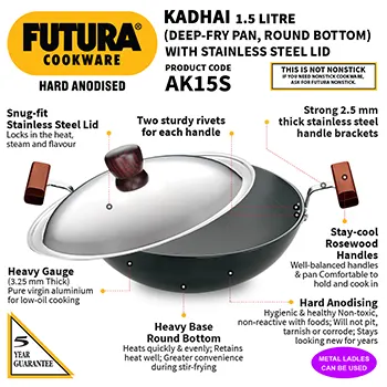 Hard Anodised Deep-Fry Pan 1.5 Litre with Stainless Steel Lid (Round Bottom, 3.25 mm Thick) (AK15S) - Image 2