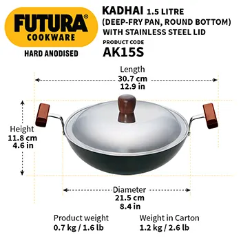 Hard Anodised Deep-Fry Pan 1.5 Litre with Stainless Steel Lid (Round Bottom, 3.25 mm Thick) (AK15S) - Image 3