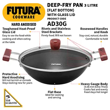 Hard Anodised Deep-Fry Pan 3 Litre with Glass Lid (Flat Bottom) (AD30G) - Image 2