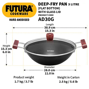 Hard Anodised Deep-Fry Pan 3 Litre with Glass Lid (Flat Bottom) (AD30G) - Image 3
