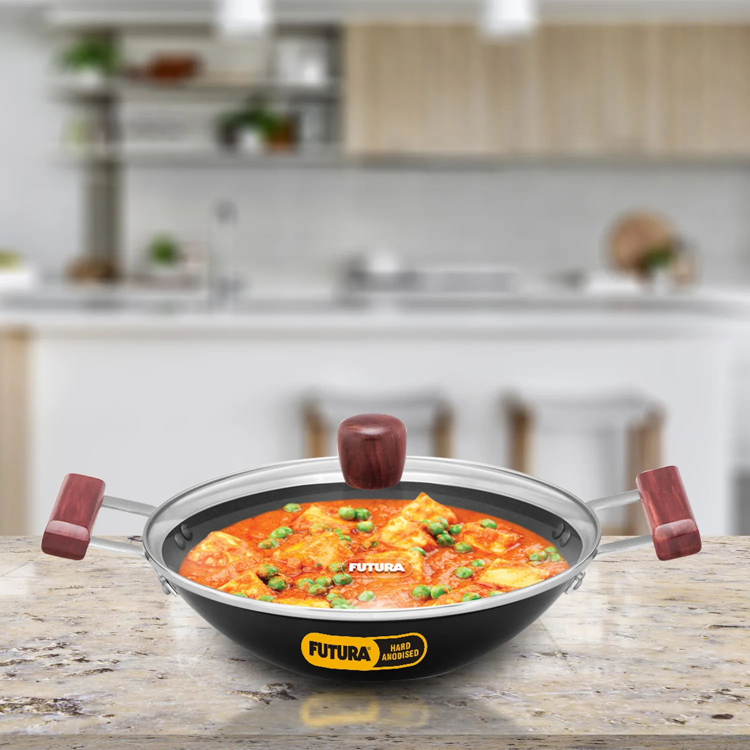 Hard Anodised Deep Kadhai 2 Litre with Glass Lid with 2 Short Handles (Flat Bottom) (AD20G)