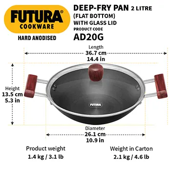 Hard Anodised Deep Kadhai 2 Litre with Glass Lid with 2 Short Handles (Flat Bottom) (AD20G) - Image 5