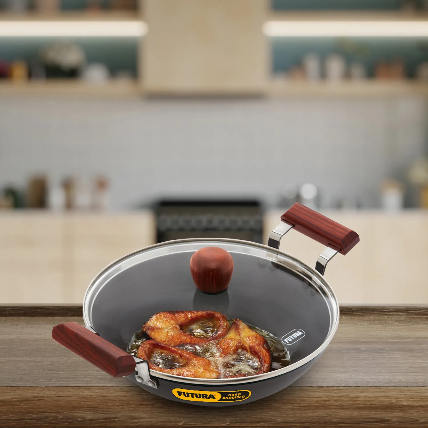 Hard Anodised Fish-Fry Kadhai 2.5 Litre with Glass Lid (3.25 mm Thick) (AFFK25G)