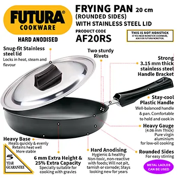 Hard Anodised Frying Pan 20 cm with Glass Lid (Rounded Sides, 4.06 mm Thick) (AF20RS) - Image 2