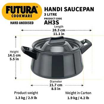 Hard Anodised Handi Saucepan 3 Litre with Hard Anodised Lid (4.06 mm Thick) (AH3S) - Image 3
