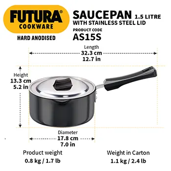 Hard Anodised Saucepan 1.5 Litre with Stainless Steel Lid (3.25 mm Thick) (AS15S) - Image 3