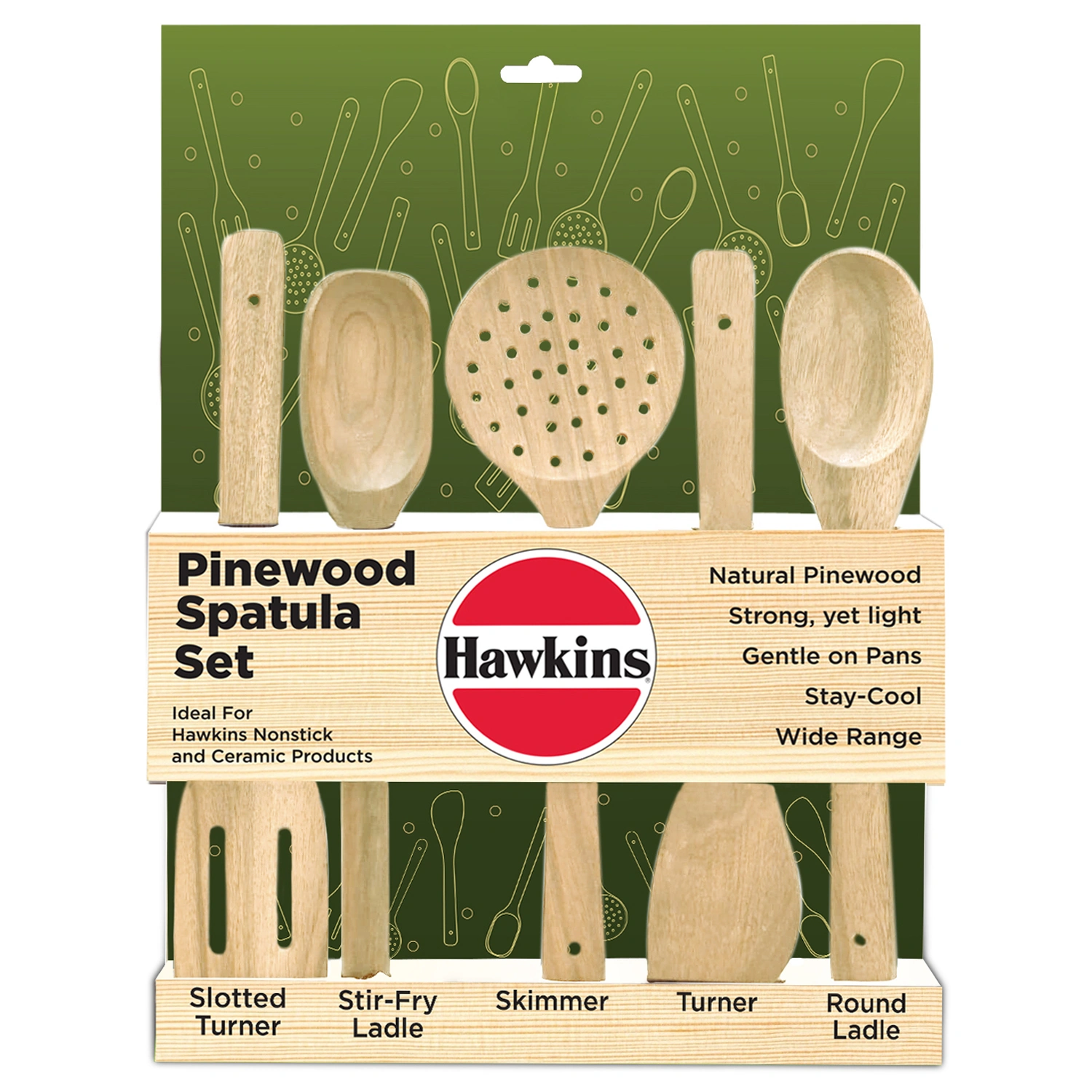 Hawkins Pinewood Spatula Set of 5, Natural Pinewood, Stay-Cool, Gentle on Nonstick & Ceramic Cookware (PSPTL5)