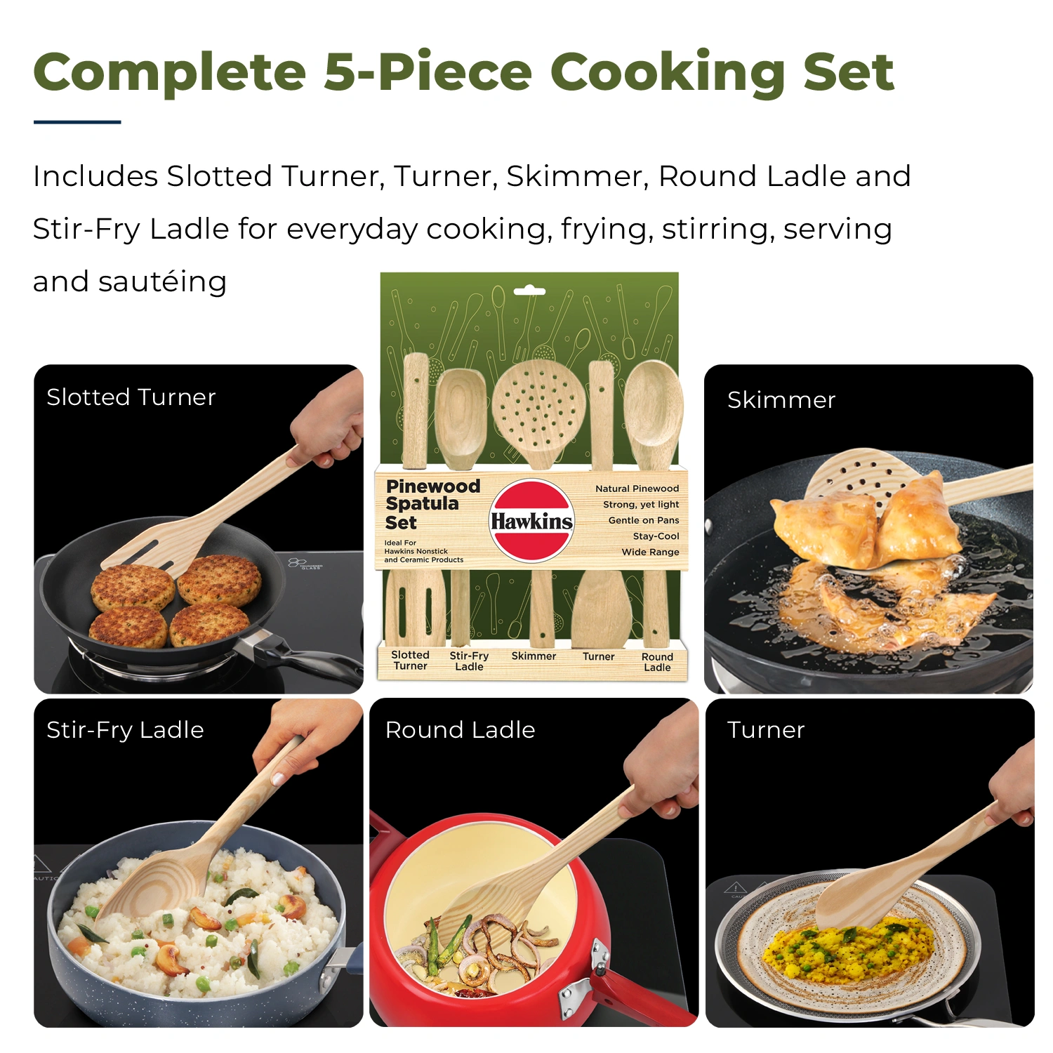 Hawkins Pinewood Spatula Set of 5, Natural Pinewood, Stay-Cool, Gentle on Nonstick & Ceramic Cookware (PSPTL5) - Image 2