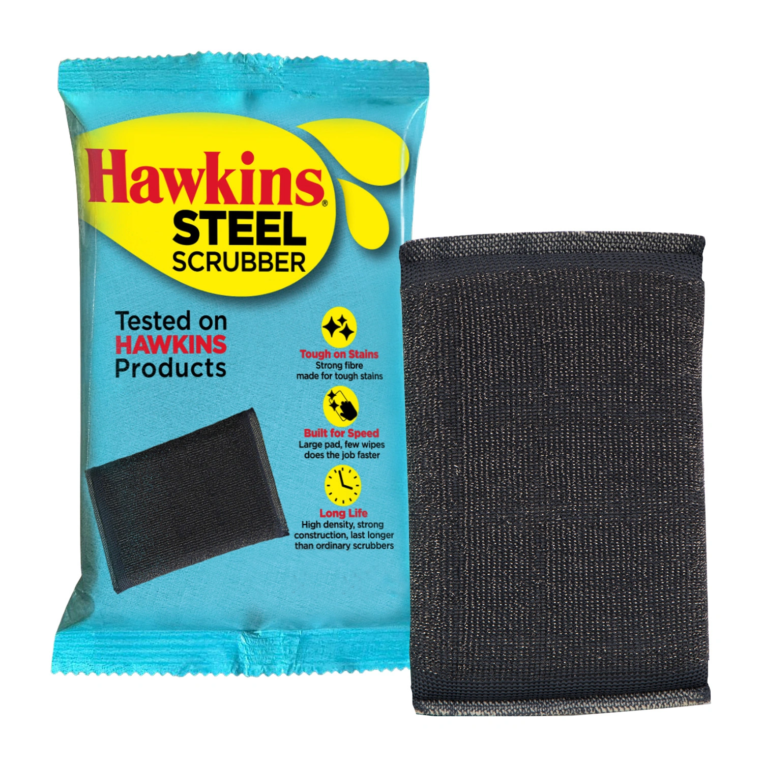 Hawkins Steel Scrubber, Polyester + 430 grade SS, for scrubbing Stainless Steel, Cast Iron, Hard Anodised Surfaces, Large Size for Fast Cleaning (SSS)