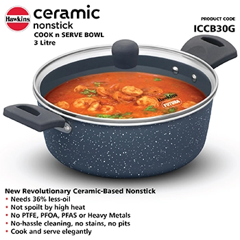 Induction Compatible Ceramic Nonstick Cook n Serve Bowl 3 Litre with Glass Lid (ICCB30G) - Image 3