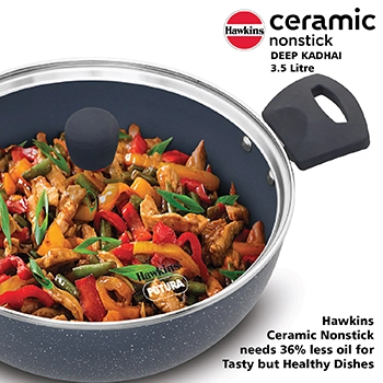 Induction Compatible Ceramic Nonstick Deep Kadhai 3.5 Litre with Glass Lid (ICK35G) - Image 2
