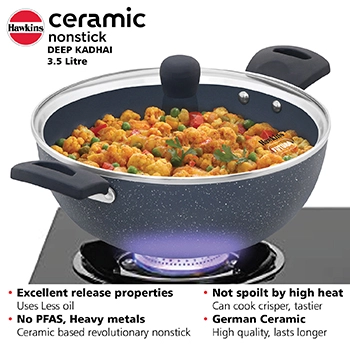 Induction Compatible Ceramic Nonstick Deep Kadhai 3.5 Litre with Glass Lid (ICK35G) - Image 3