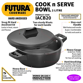 Induction Compatible Cook-n-Serve Bowl 2 Litre with Hard Anodised Lid (IACB20) - Image 2