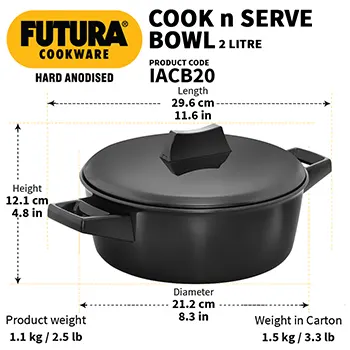 Induction Compatible Cook-n-Serve Bowl 2 Litre with Hard Anodised Lid (IACB20) - Image 3