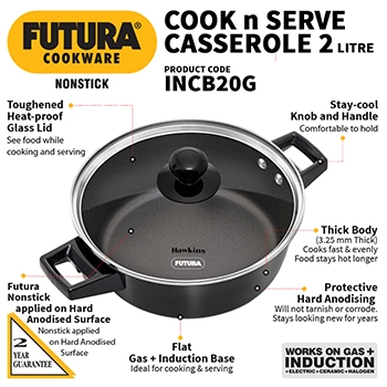Induction Compatible Cook n Serve Casserole 2 Litre with Glass lid (INCB20G) - Image 2