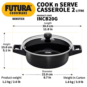 Induction Compatible Cook n Serve Casserole 2 Litre with Glass lid (INCB20G) - Image 3