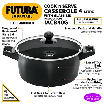 Induction Compatible Cook n Serve Casserole 4 Litre with Glass lid (IACB40G) - Image 2
