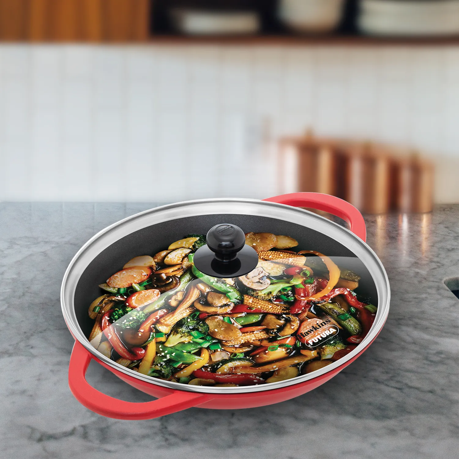 Induction Compatible Die Cast Shallow Kadhai 3 Litre with Glass lid (IDCSK3G)