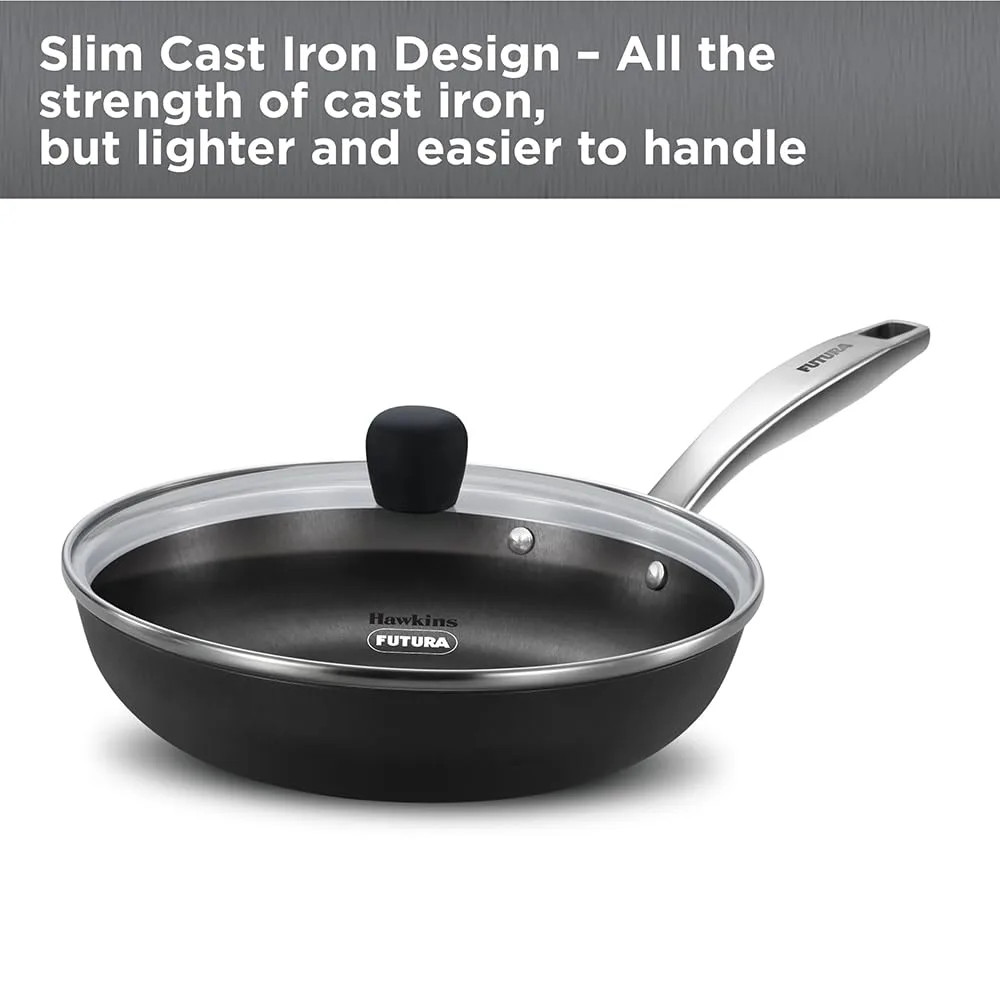 Induction Compatible Futura Ironman 22 cm Slim Cast Iron Frying Pan with Glass Lid (IMF22G) - Image 2