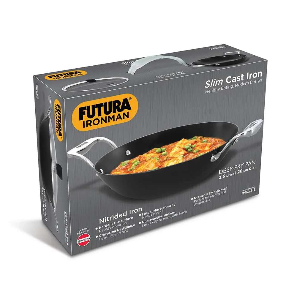 Induction Compatible Futura Ironman Slim Cast Iron Kadhai 2.5 Litre with Glass Lid (IMK25G) - Image 6