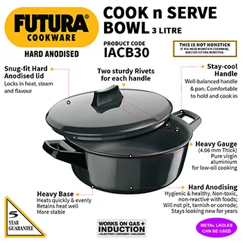 Induction Compatible Hard Anodised Cook-n-Serve Bowl 3 Litre with Hard Anodised Lid (IACB30) - Image 2