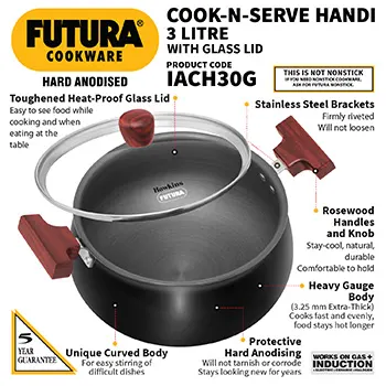 Induction Compatible Hard Anodised Cook-n-Serve Handi 3 Litre (IACH30G) - Image 2
