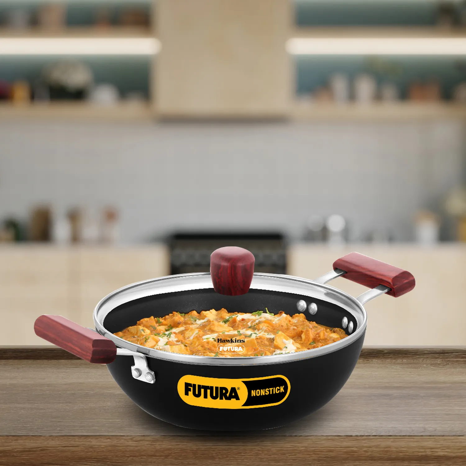 Induction Compatible Nonstick Deep Kadhai 2.5 Litre with Glass Lid (Flat Bottom) (INDK25G)