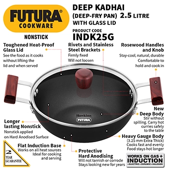 Induction Compatible Nonstick Deep Kadhai 2.5 Litre with Glass Lid (Flat Bottom) (INDK25G) - Image 2