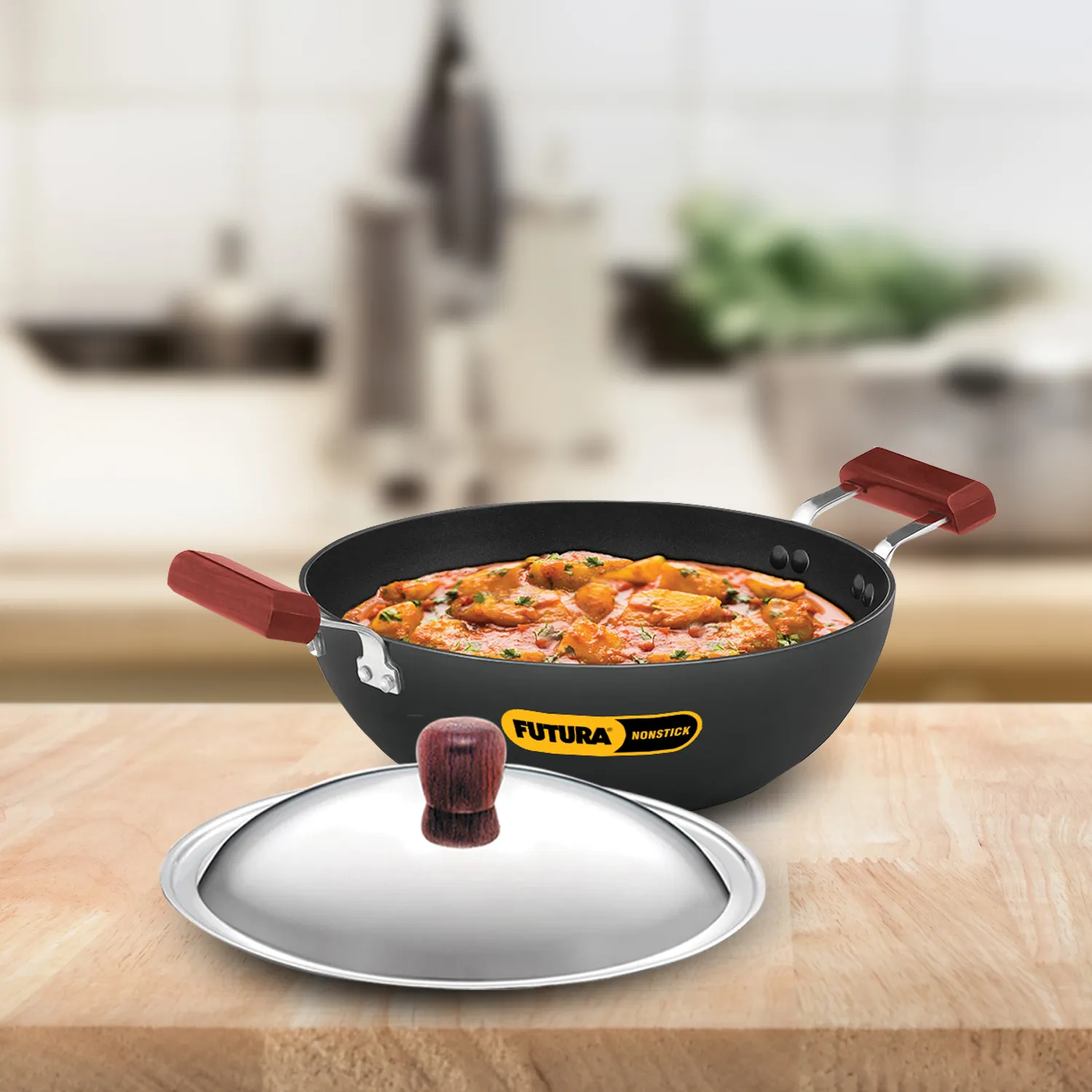 Induction Compatible Nonstick Deep Kadhai 3.5 Litre with Stainless Steel Lid (Flat Bottom) (INK35S)