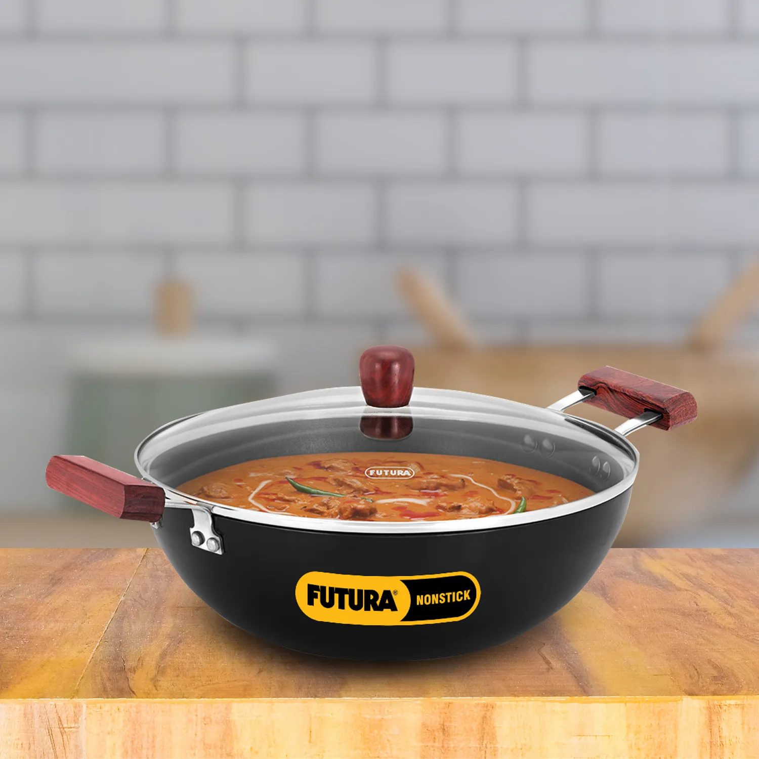 Induction Compatible Nonstick Deep Kadhai 5 Litre with Glass Lid with 2 Short Handles (Flat Bottom) (INK50G)