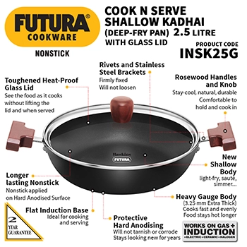 Induction Compatible Nonstick Shallow Kadhai 2.5 Litre with Glass Lid (Flat Bottom) (INSK25G) - Image 2