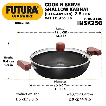 Induction Compatible Nonstick Shallow Kadhai 2.5 Litre with Glass Lid (Flat Bottom) (INSK25G) - Image 3