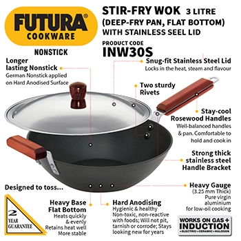 Induction Compatible Nonstick Stir-Fry Wok (Deep-Fry Pan) 3 Litre with Stainless Steel Lid (3.25 mm Thick) (INW30S) - Image 2